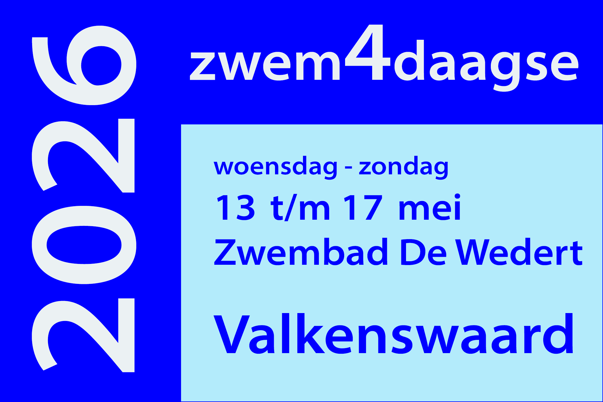 Zwemvierdaagse Valkenswaard van 13 tot 17 mei 2026. Je kunt 4 van de 5 dagen zwemmen. Doe mee en ontvang een medaille!